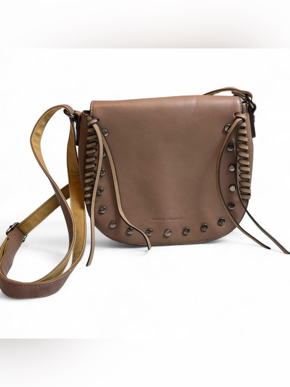 David Jones Paris Brown Studded Crossbody Bag Boho Whipstitch Flap